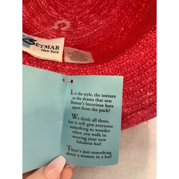 Betmar New York Red Straw Sun Hat Mesh Rosettes Floral Derby Church Hat #541 - Picture 4 of 4